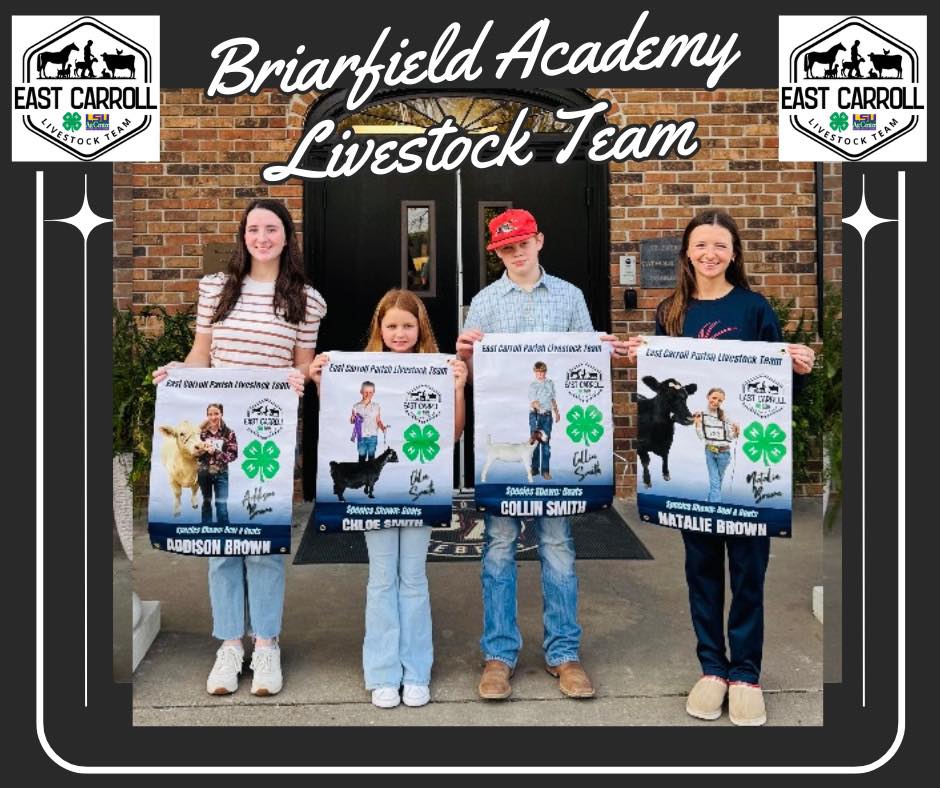 Briarfield Academy Livestock Team. Four kids holding posters with pictures of themselves on them.